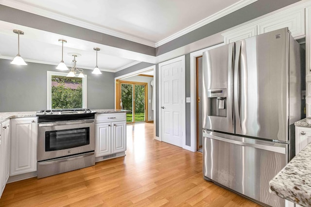 5313 Birchcrest Dr, Edina, MN 55436 - kitchen featuring stainless steel appliances, white cabinetry, light wood-style flooring, crown molding, and pendant lighting