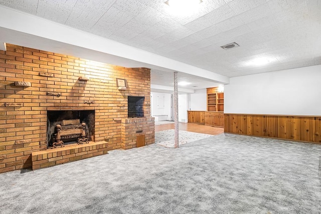 5313 Birchcrest Dr, Edina, MN 55436 - unfurnished living room featuring a fireplace, carpet floors, wooden walls, and wainscoting