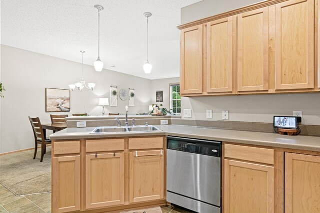 3537 Cherry Ln Unit C, Woodbury, MN 55129 - kitchen featuring dishwasher, light brown cabinetry, a peninsula, a chandelier, and pendant lighting
