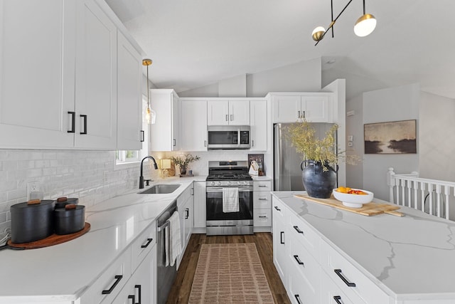 104 Bison Ct, Buffalo, MN 55313 - kitchen with appliances with stainless steel finishes, dark wood-type flooring, vaulted ceiling, a center island, and light stone countertops