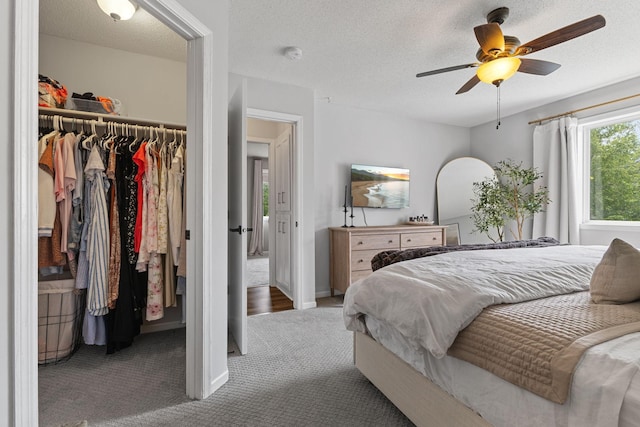 104 Bison Ct, Buffalo, MN 55313 - bedroom with carpet flooring, ceiling fan, a closet, a walk in closet, and a textured ceiling