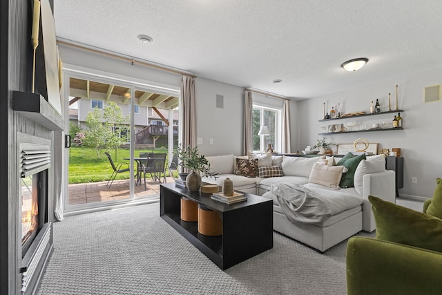 104 Bison Ct, Buffalo, MN 55313 - living area featuring a warm lit fireplace, a textured ceiling, and carpet flooring