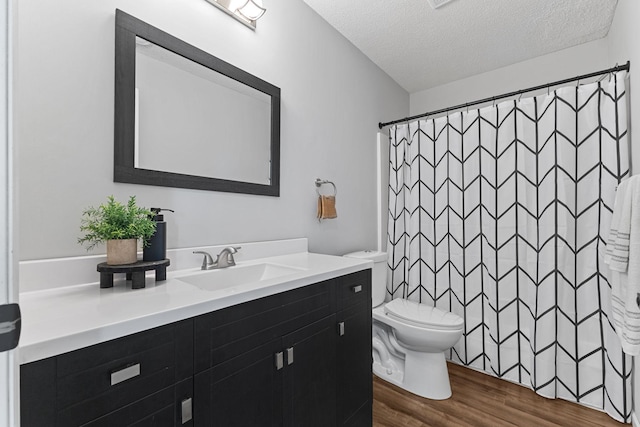 104 Bison Ct, Buffalo, MN 55313 - bathroom featuring vanity, wood finished floors, a textured ceiling, and a shower with shower curtain