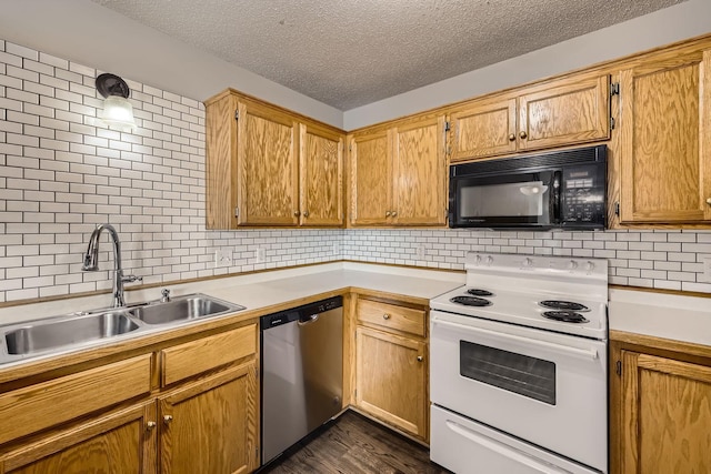 1127 Ridgestone Pl, Buffalo, MN 55313 - kitchen featuring black microwave, white electric stove, stainless steel dishwasher, light countertops, and decorative backsplash