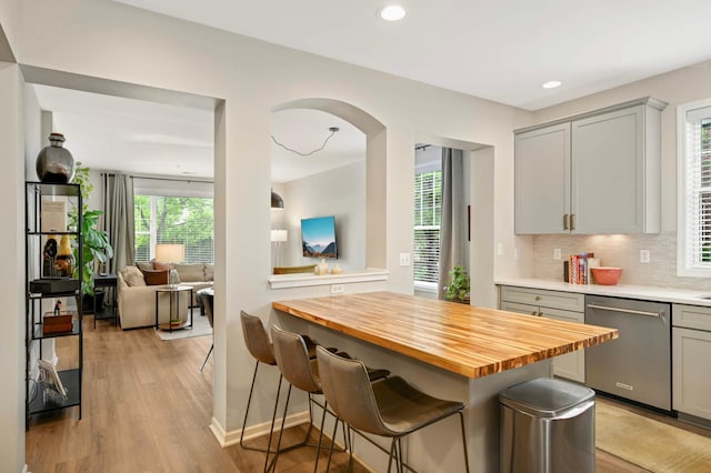 11275 Preswick Blvd, Eden Prairie, MN 55344 - kitchen featuring dishwasher, butcher block countertops, gray cabinets, a breakfast bar area, and backsplash