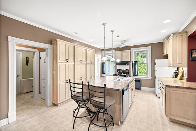 35746 585th Ave, Lafayette, MN 56054 - kitchen with a kitchen island with sink, a ceiling fan, crown molding, dishwasher, and a kitchen breakfast bar
