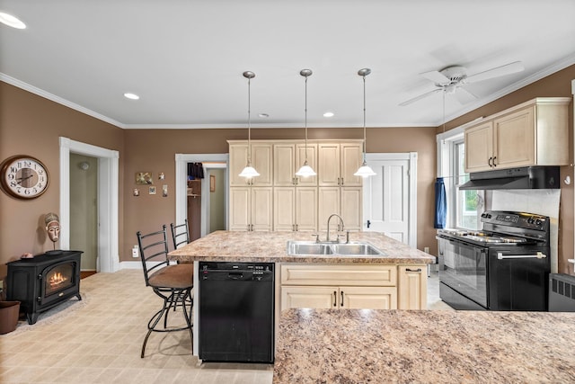 35746 585th Ave, Lafayette, MN 56054 - kitchen featuring black appliances, under cabinet range hood, a wood stove, ceiling fan, and crown molding