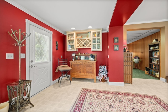 35746 585th Ave, Lafayette, MN 56054 - entrance foyer featuring wooden walls, light carpet, recessed lighting, and crown molding
