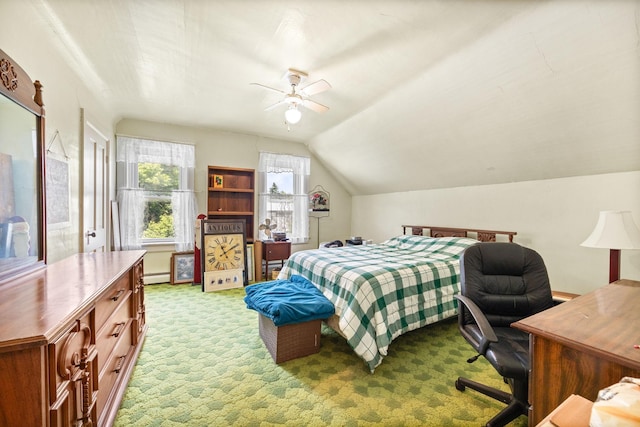 35746 585th Ave, Lafayette, MN 56054 - bedroom featuring carpet floors, lofted ceiling, a baseboard heating unit, and ceiling fan