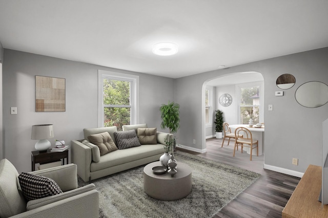 414 Western Ln, Anoka, MN 55303 - living room featuring arched walkways, wood finished floors, and baseboards