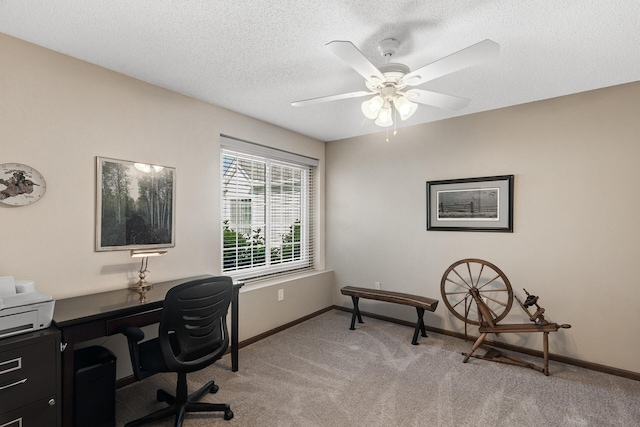 7582 Ojibway Park Bay, Woodbury, MN 55125 - home office featuring light carpet, a textured ceiling, and a ceiling fan
