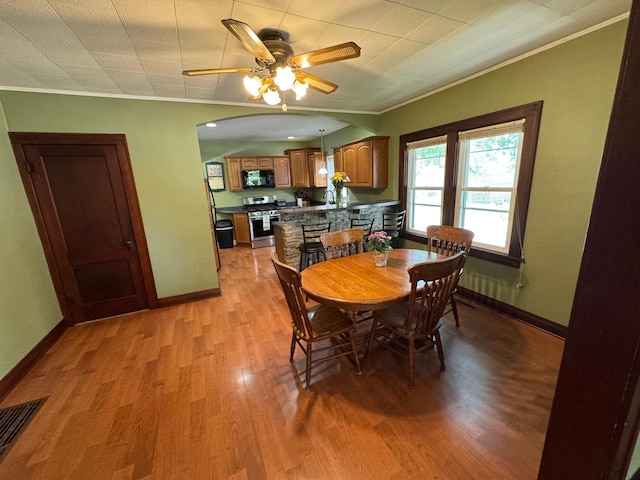 1315 Clark St W, Albert Lea, MN 56007 - dining space featuring crown molding, light wood-type flooring, ceiling fan, baseboards, and arched walkways