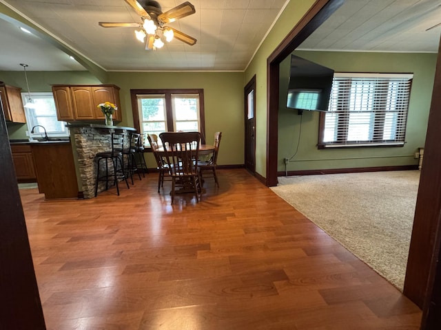 1315 Clark St W, Albert Lea, MN 56007 - dining space featuring a ceiling fan, healthy amount of natural light, light wood-style floors, baseboards, and ornamental molding