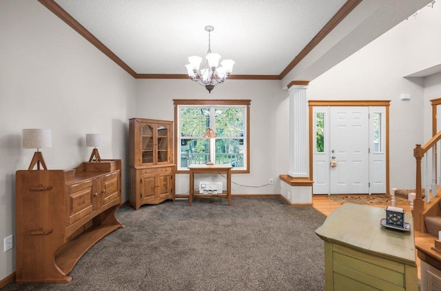 10426 Hidden Oaks Ln N, Champlin, MN 55316 - foyer entrance with a chandelier, ornamental molding, stairs, and carpet flooring