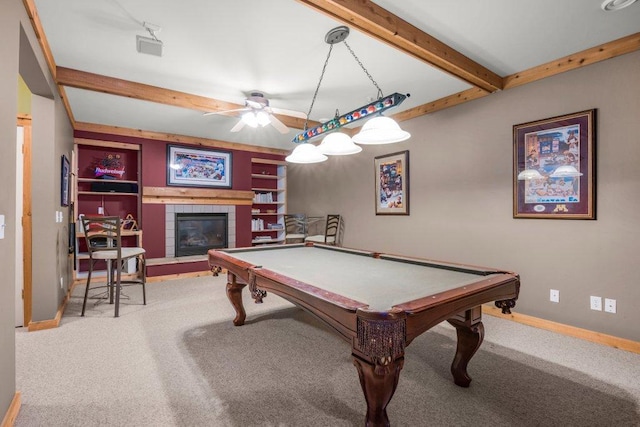 10426 Hidden Oaks Ln N, Champlin, MN 55316 - game room featuring a ceiling fan, carpet floors, beam ceiling, a fireplace, and billiards table