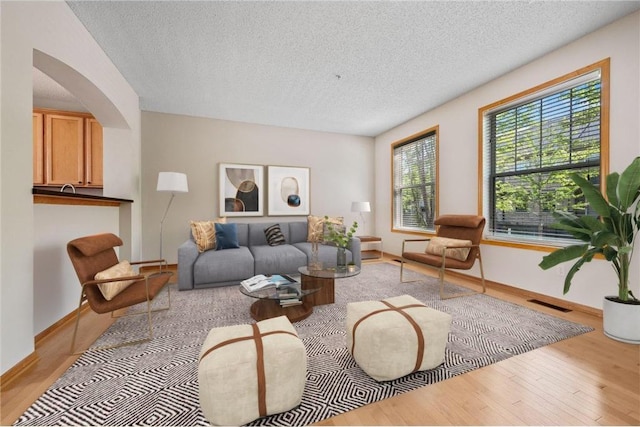 8280 Labont Way, Eden Prairie, MN 55344 - living room featuring wood finished floors, a textured ceiling, arched walkways, and baseboards