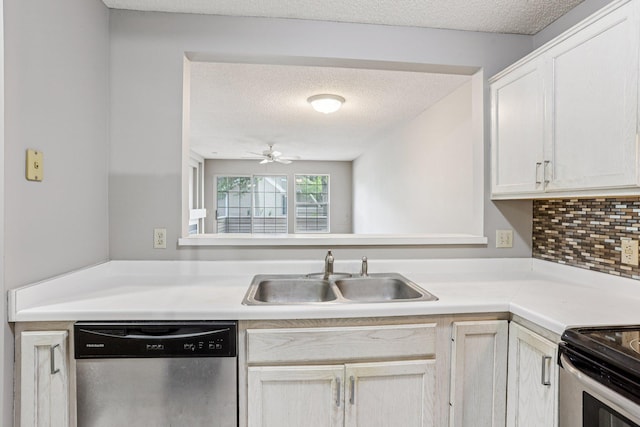 2040 Shenandoah Ct Unit B, Plymouth, MN 55447 - kitchen with stainless steel dishwasher, light countertops, a textured ceiling, tasteful backsplash, and ceiling fan