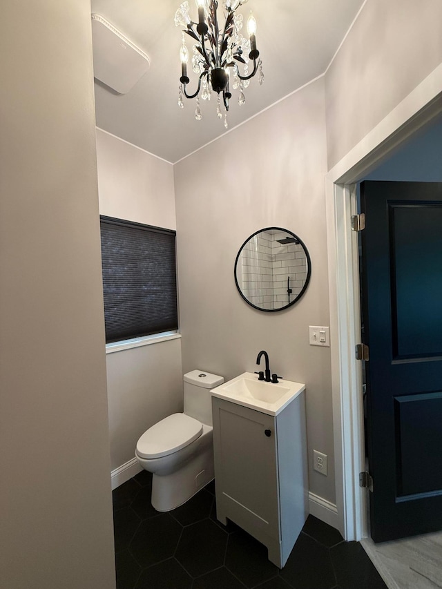 2120 Walden Blvd NW, Oak Grove, MN 55011 - half bath featuring tile patterned floors, vanity, and a chandelier