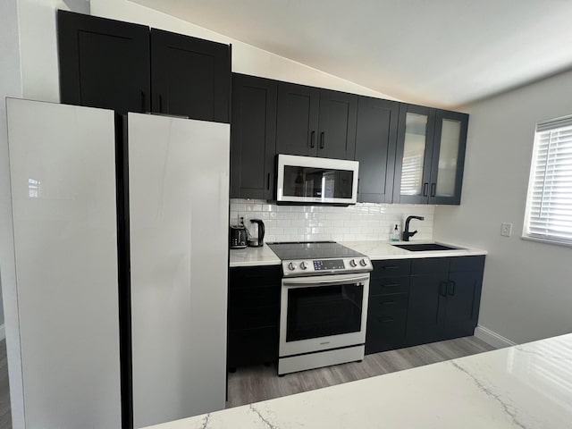 2120 Walden Blvd NW, Oak Grove, MN 55011 - kitchen featuring white microwave, electric stove, dark cabinets, light wood-type flooring, and backsplash