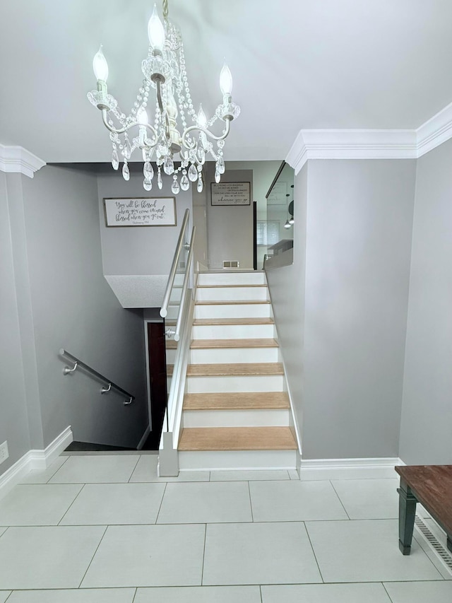 2120 Walden Blvd NW, Oak Grove, MN 55011 - stairs with a chandelier, tile patterned flooring, and ornamental molding