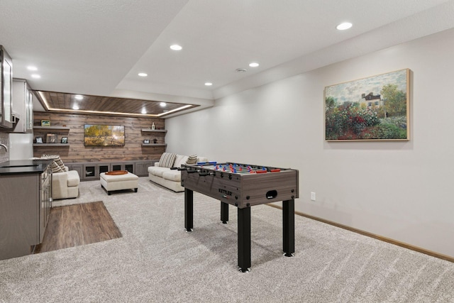 2097 138th St W, Rosemount, MN 55068 - game room featuring light colored carpet, wooden walls, and recessed lighting