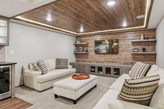 2097 138th St W, Rosemount, MN 55068 - living area featuring wine cooler, wood ceiling, recessed lighting, wood finished floors, and wooden walls