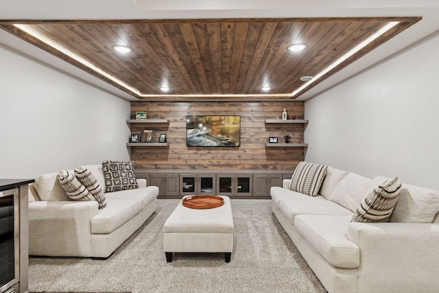 2097 138th St W, Rosemount, MN 55068 - carpeted living area with wood ceiling, recessed lighting, wooden walls, and beverage cooler