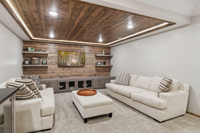 2097 138th St W, Rosemount, MN 55068 - living room with wooden ceiling, wooden walls, recessed lighting, and carpet flooring