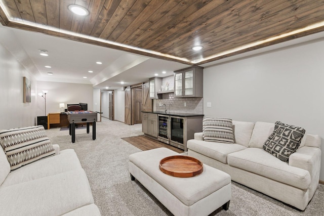 2097 138th St W, Rosemount, MN 55068 - living area featuring bar with sink, light colored carpet, recessed lighting, wine cooler, and wood ceiling
