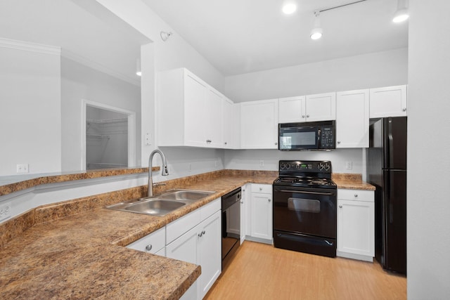 13560 Technology Dr Unit 1102, Eden Prairie, MN 55344 - kitchen with black appliances, a sink, white cabinets, light wood-style floors, and ornamental molding