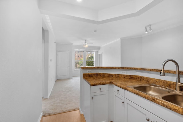 13560 Technology Dr Unit 1102, Eden Prairie, MN 55344 - kitchen with a sink, ornamental molding, white cabinets, light wood-type flooring, and a ceiling fan