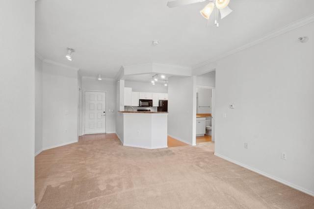 13560 Technology Dr Unit 1102, Eden Prairie, MN 55344 - unfurnished living room featuring light carpet, ornamental molding, a ceiling fan, and baseboards