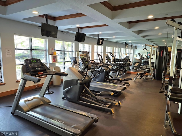 13560 Technology Dr Unit 1102, Eden Prairie, MN 55344 - exercise room featuring plenty of natural light, coffered ceiling, beam ceiling, and recessed lighting