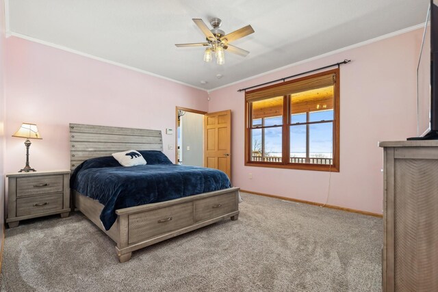 531 Depree Way, Glenwood, MN 56334 - bedroom featuring carpet, baseboards, ornamental molding, and ceiling fan