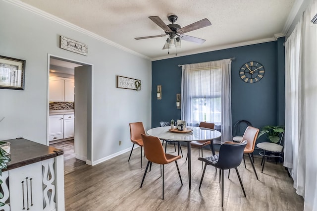 1782 225th St N, Hawley, MN 56549 - dining space featuring crown molding, ceiling fan, a textured ceiling, wood finished floors, and baseboards