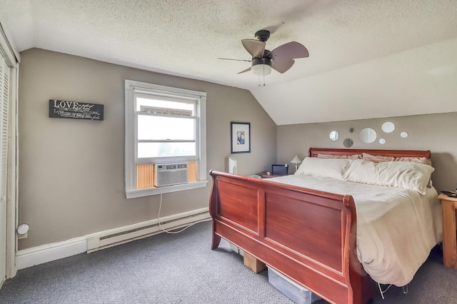1782 225th St N, Hawley, MN 56549 - carpeted bedroom featuring vaulted ceiling, a baseboard heating unit, a ceiling fan, a textured ceiling, and cooling unit