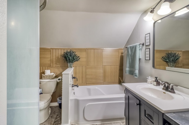 1782 225th St N, Hawley, MN 56549 - bathroom featuring toilet, vanity, vaulted ceiling, and a garden tub