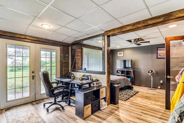 1782 225th St N, Hawley, MN 56549 - office with a drop ceiling, wood finished floors, french doors, a ceiling fan, and recessed lighting