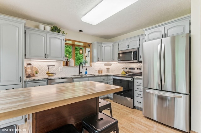 21857 Iden Avenue Pl N, Forest Lake, MN 55025 - kitchen with stainless steel appliances, a sink, wooden counters, decorative backsplash, and light wood-style flooring