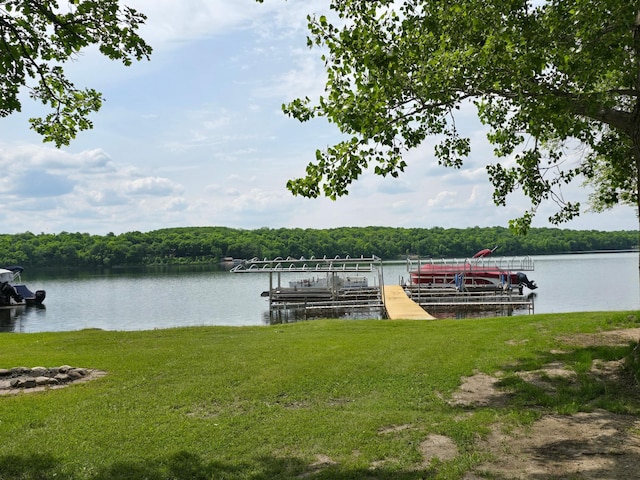 29501 Maplewood Rd Horseshoe, Unit Horseshoe, Callaway, MN 56521 - dock featuring a yard, a water view, a forest view, and boat lift