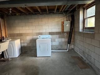 905 Fuller Ave, Saint Paul, MN 55104 - below grade area featuring washer / dryer, electric panel, and concrete block wall