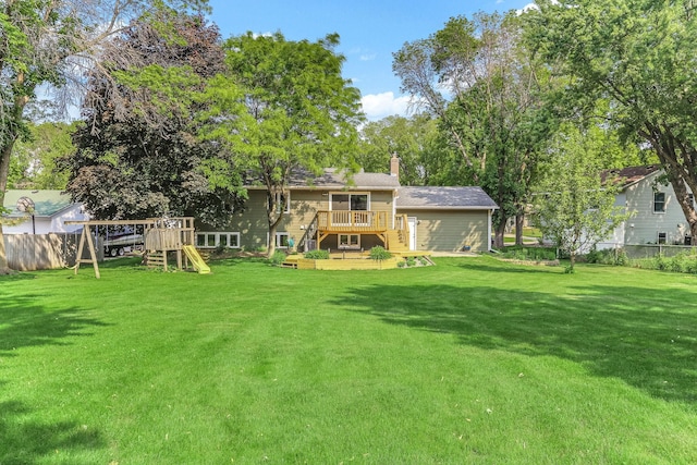 8563 72nd St S, Cottage Grove, MN 55016 - view of yard with a playground, a wooden deck, and stairway