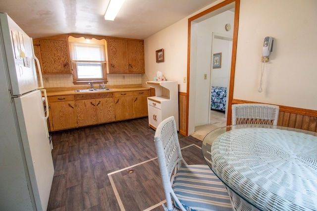 103 3rd St NE, Barnesville, MN 56514 - kitchen with freestanding refrigerator, a sink, light countertops, dark wood-style flooring, and decorative backsplash