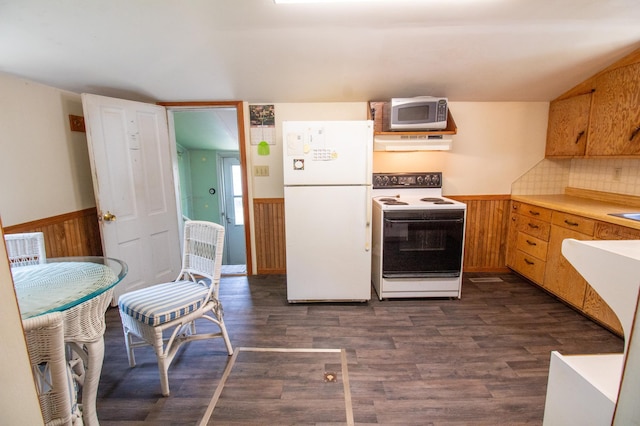103 3rd St NE, Barnesville, MN 56514 - kitchen with white appliances, exhaust hood, a wainscoted wall, dark wood finished floors, and light countertops