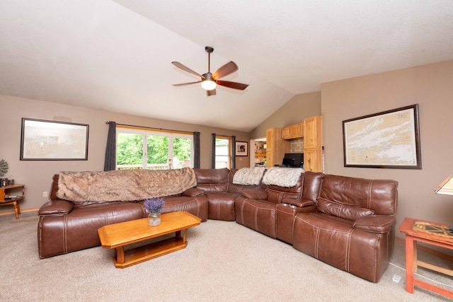 840 Shore Dr W, Orono, MN 55364 - living room featuring light carpet, ceiling fan, and vaulted ceiling