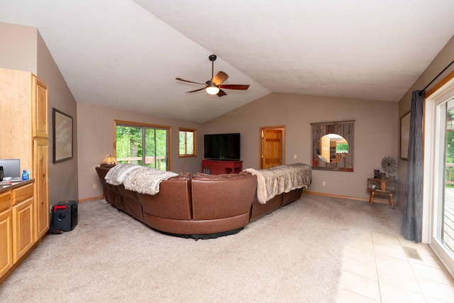 840 Shore Dr W, Orono, MN 55364 - living area with a ceiling fan, lofted ceiling, light colored carpet, and baseboards