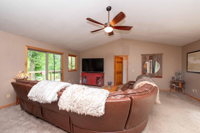 840 Shore Dr W, Orono, MN 55364 - living room with ceiling fan, carpet floors, lofted ceiling, and baseboards
