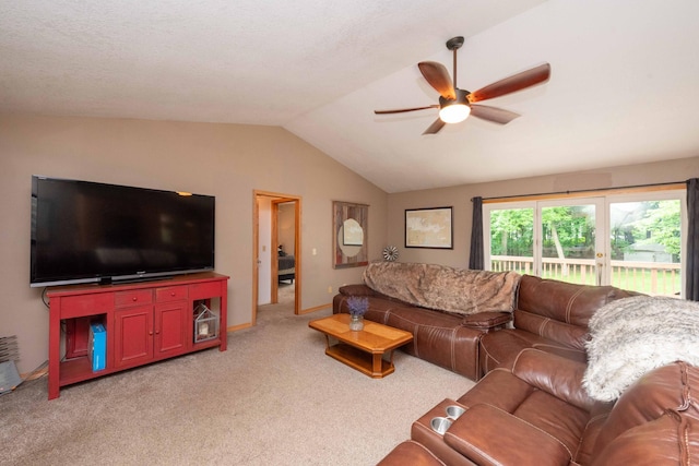 840 Shore Dr W, Orono, MN 55364 - living area featuring ceiling fan, lofted ceiling, light colored carpet, and baseboards