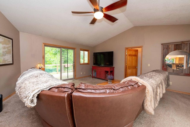 840 Shore Dr W, Orono, MN 55364 - living room featuring carpet flooring, ceiling fan, lofted ceiling, and baseboards