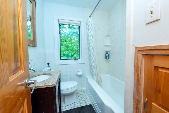 840 Shore Dr W, Orono, MN 55364 - full bath with vanity, toilet, tile walls, shower / tub combo with curtain, and tile patterned flooring